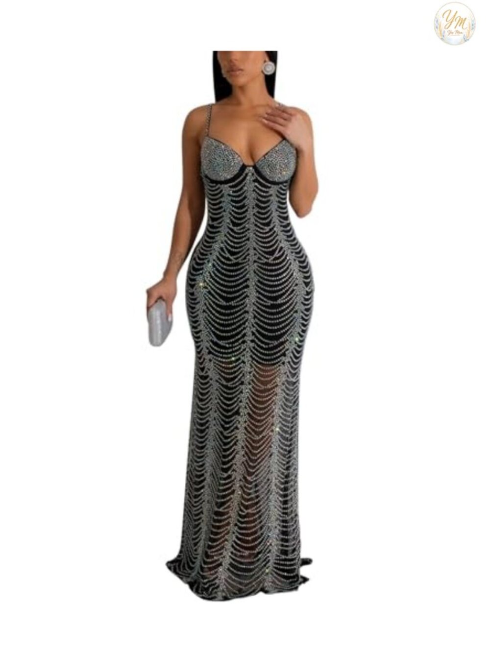 Women's Sheer Mesh Rhinestone Lace Bodycon Evening Dress